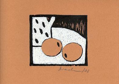 Druck: Stilleben mit Orangen und Kanne von Monika Brachmann