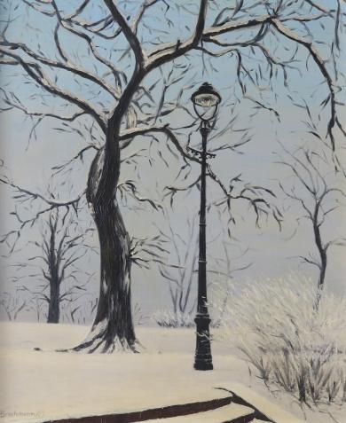 Park im Winter mit Bäumen und Laterne