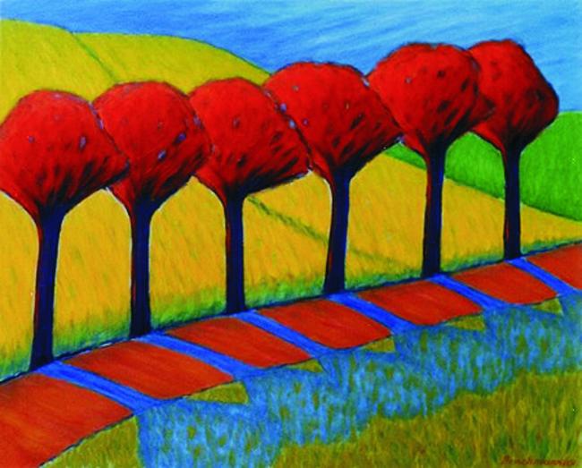 Ölbild: Rote Baumreihe (I) von Monika Brachmann