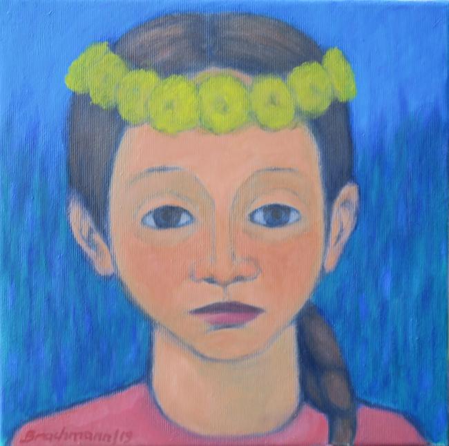 Ölgemälde, Portrait einer jungen Frau mit gelber Blumenkette im Haar