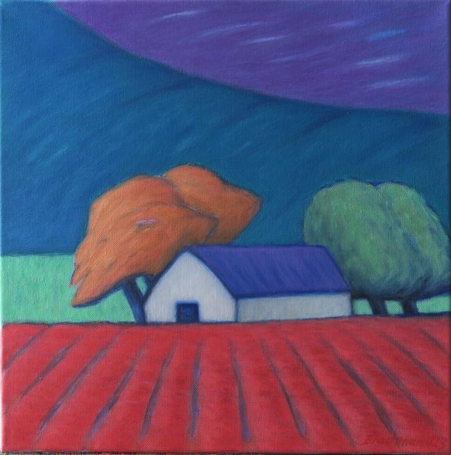 Vorn große rote Fläche, im Hintergrund dunkelgrün, violett mit Haus und Bäumen